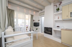 Suite, 1 Bedroom (Penthouse) | Living room | Flat-screen TV, fireplace, DVD player