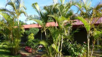 A lush garden with palm trees, a pathway, and a building with a red roof.