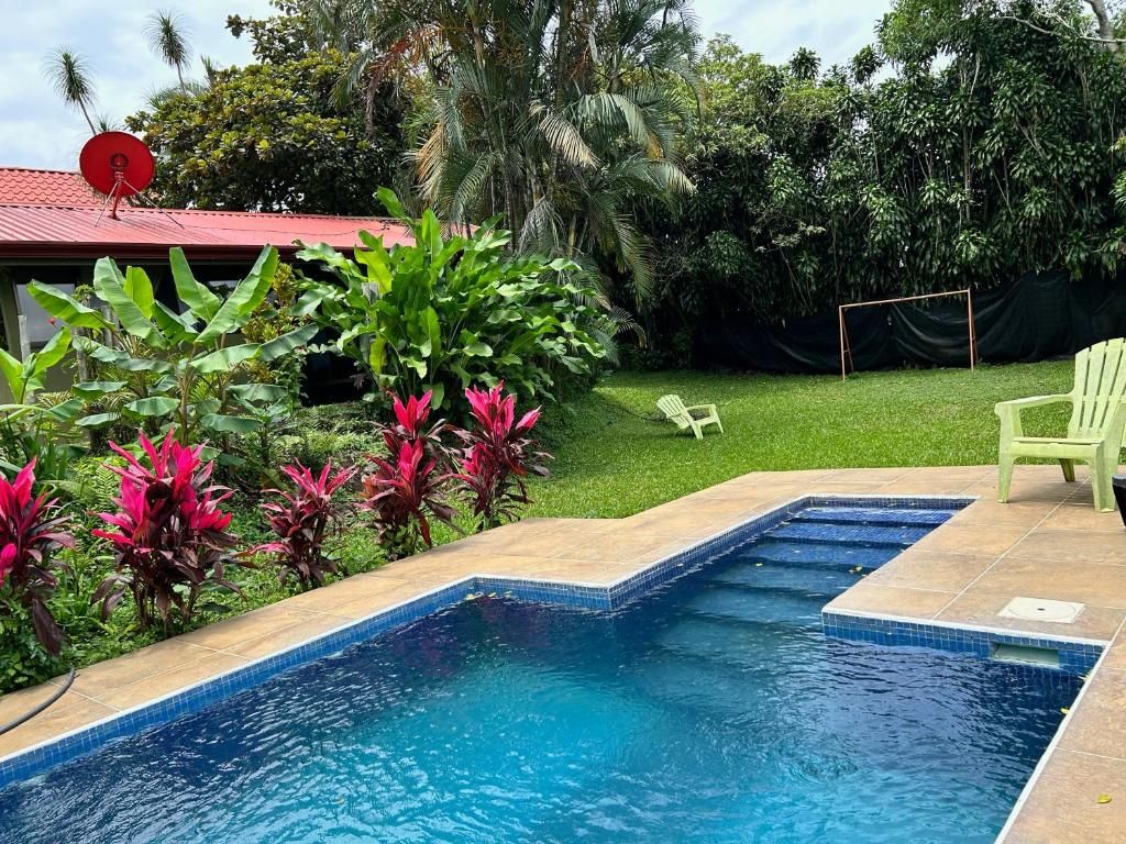 Una piscina con borde de azulejos, rodeada de exuberante vegetación y un edificio con techo rojo.