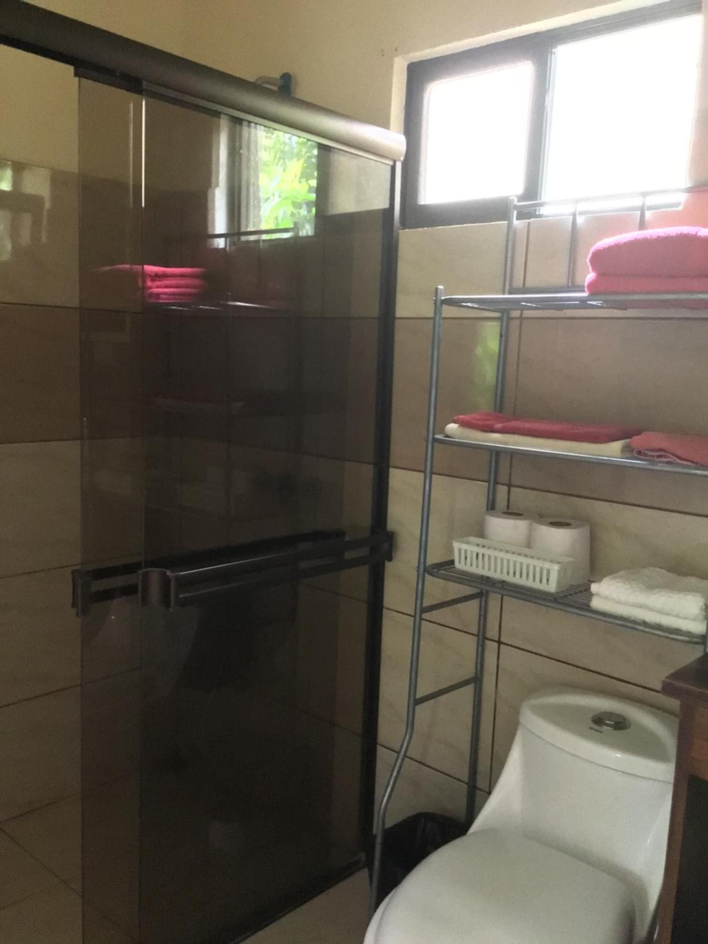 A bathroom with a glass shower enclosure, a toilet, and a shelf with towels and toiletries.