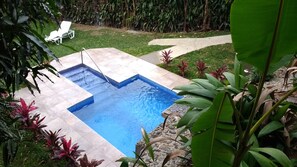Una piscina rectangular con borde de azulejos, rodeada por un marco de piedra y abundante vegetación.