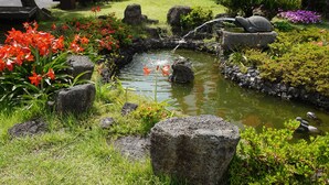 Un jardín con un estanque, rocas y flores.
