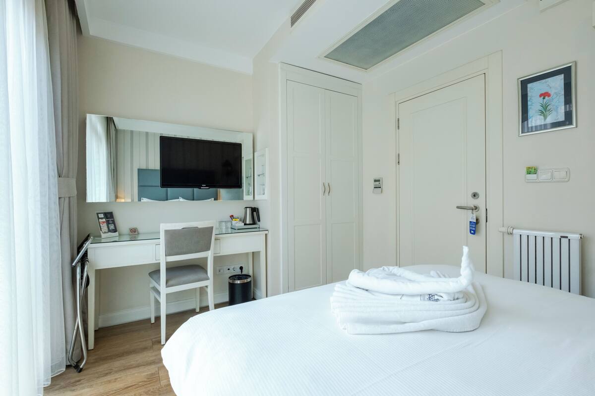 A hotel room with a bed, a desk, a chair, a television, and a radiator.