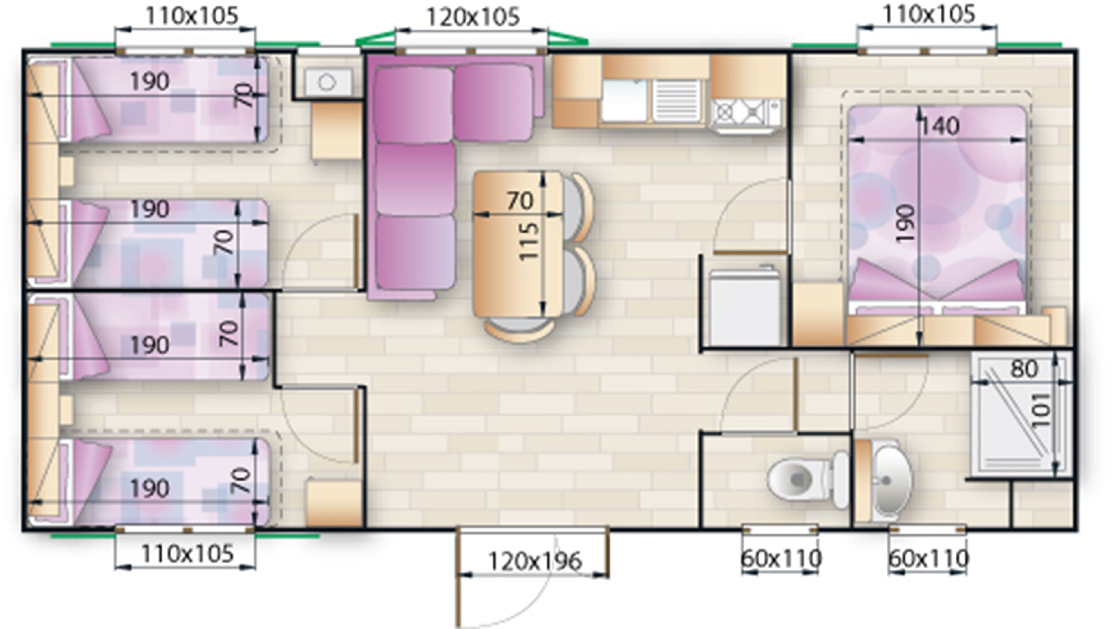 Plano de planta de un hotel con varias habitaciones, cada una de 110x105, 120x105 y 60x110. Hay dos baños, uno con ducha e inodoro, y otro solo con inodoro y lavabo. El diseño incluye una zona de comedor y una cocina.