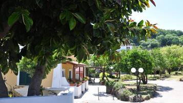 A courtyard with a covered seating area, a white building, and a tree providing shade.