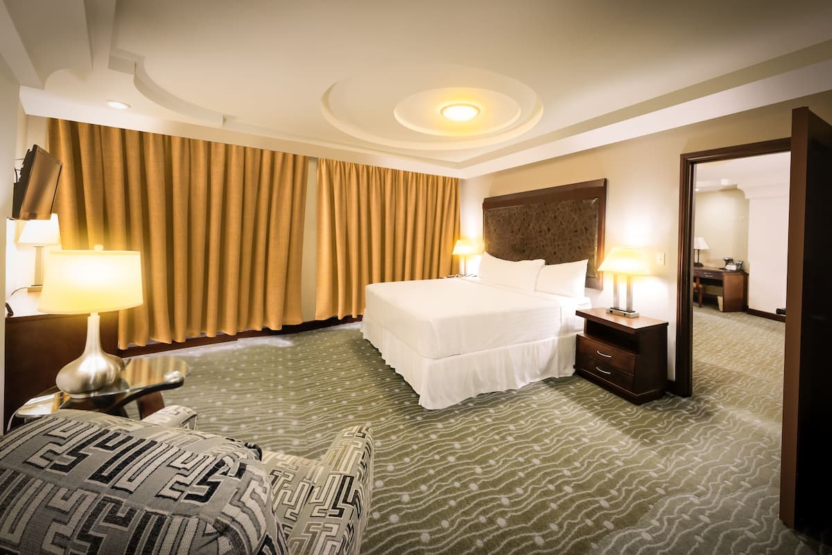 A hotel room with a large bed, two bedside tables with lamps, a large mirror, and a patterned carpet.