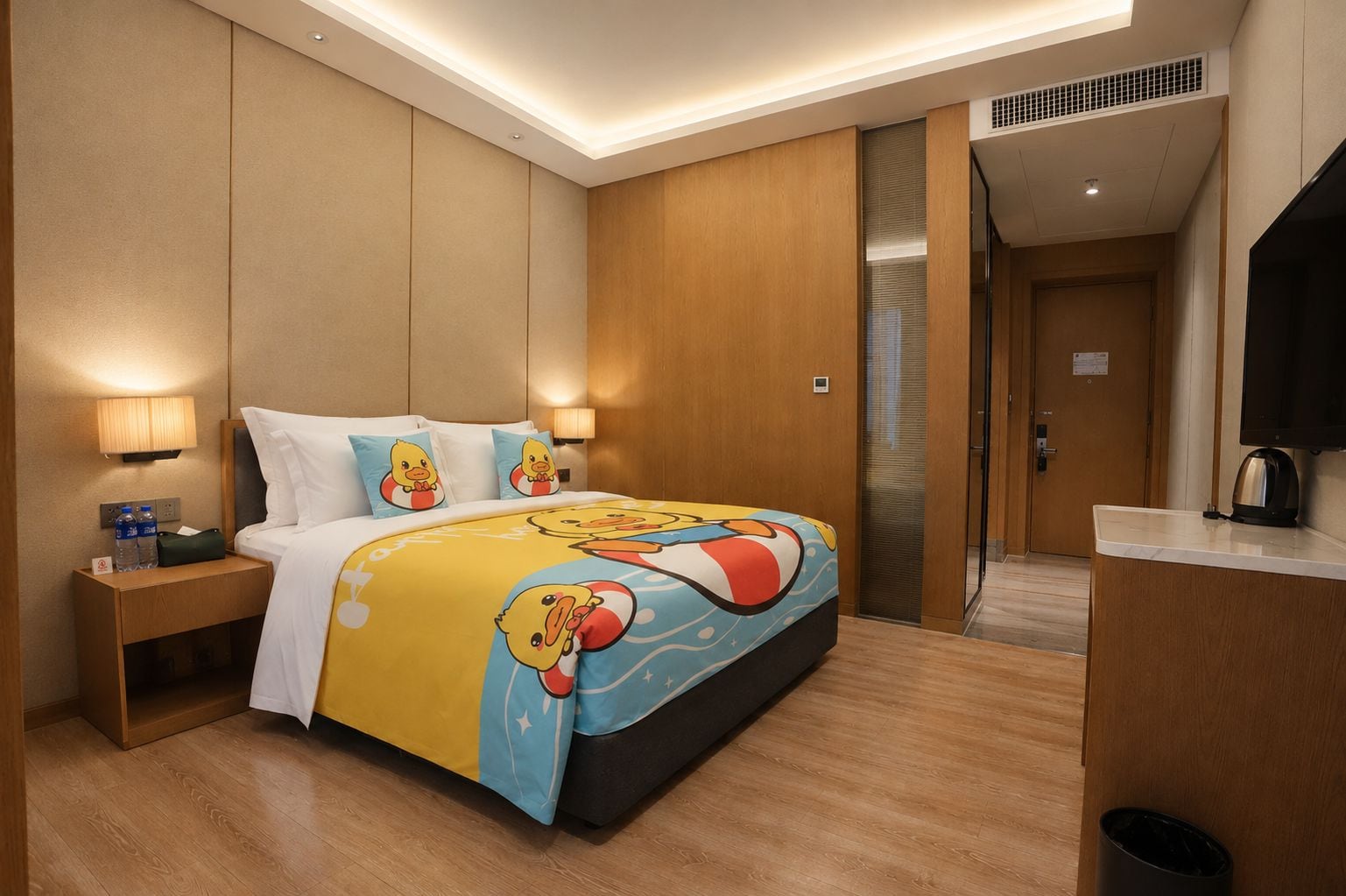 Una camera d'albergo con un letto, comodini, una scrivania e un bagno visibile attraverso una porta aperta.
