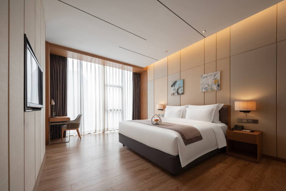 Una habitación de hotel moderna con una cama grande, un escritorio, una silla y un televisor.