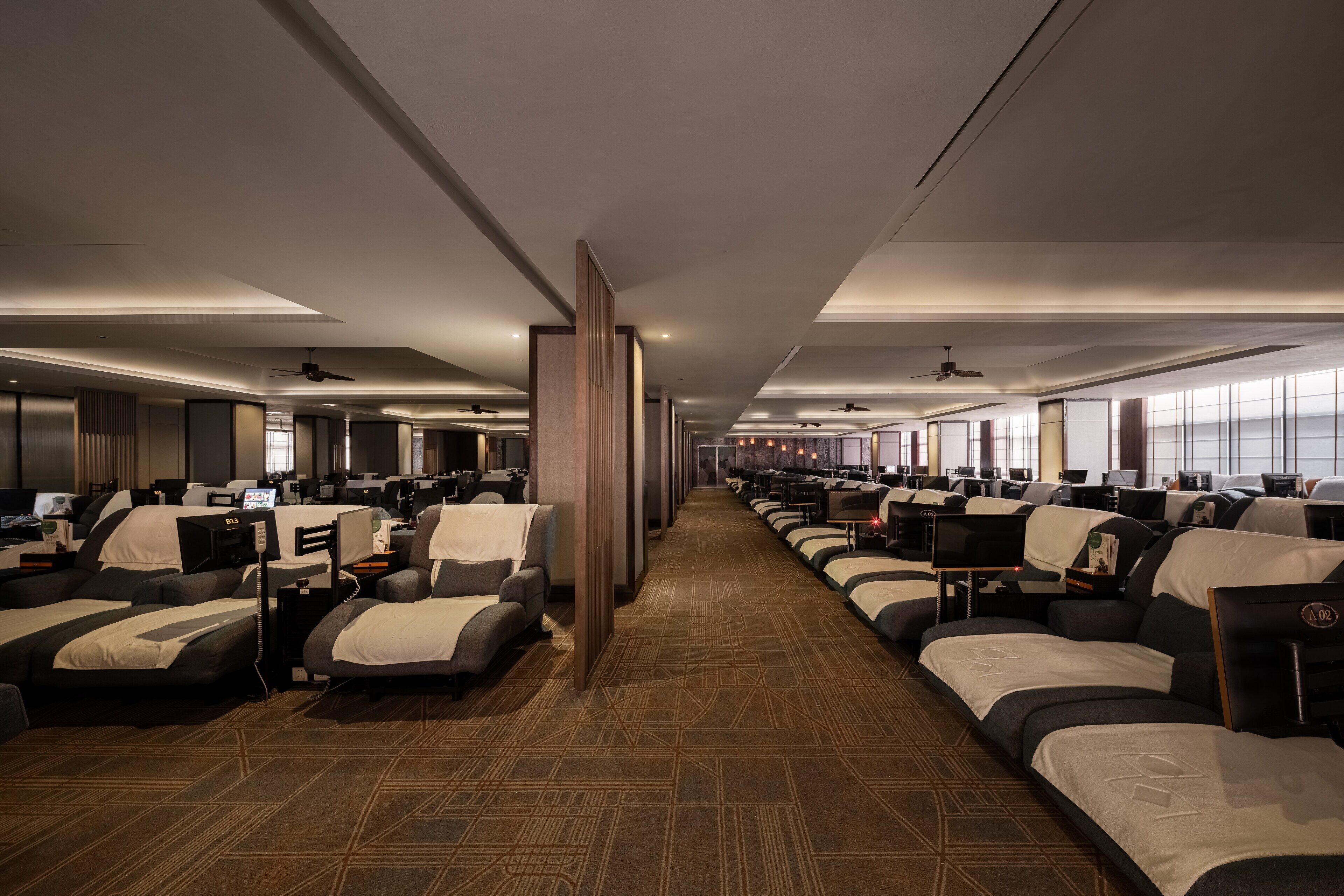 A hotel room with multiple beds arranged in rows, a carpeted floor, and ceiling fans.