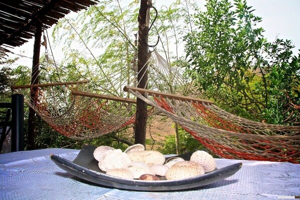 A hammock chair and a bowl of bread on a table outdoors. - Farinha de Pau - Eco Rural Project (Tarrafal de Sao Nicolau)