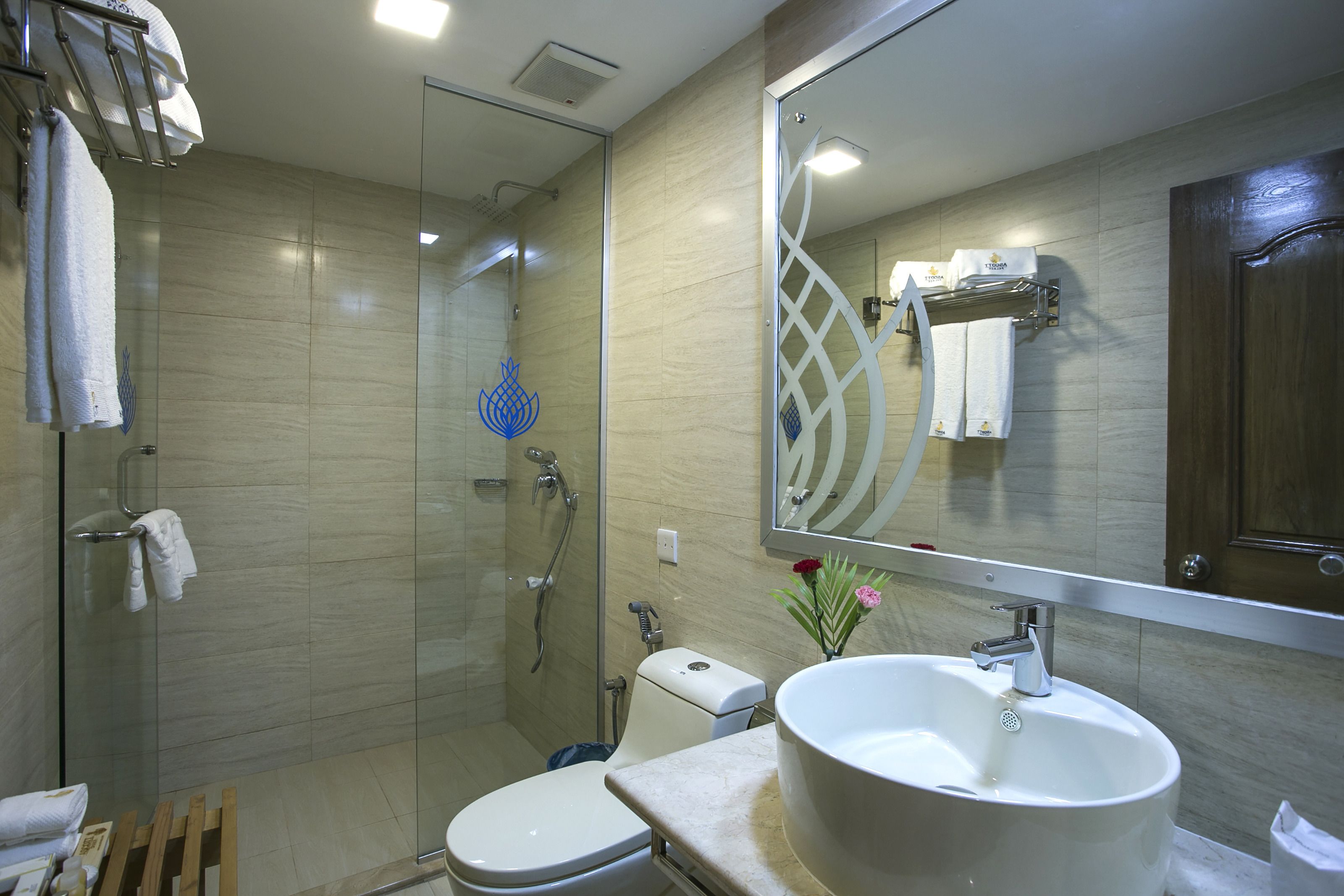 Une salle de bain moderne avec une douche à parois de verre, des toilettes, un lavabo et un miroir.