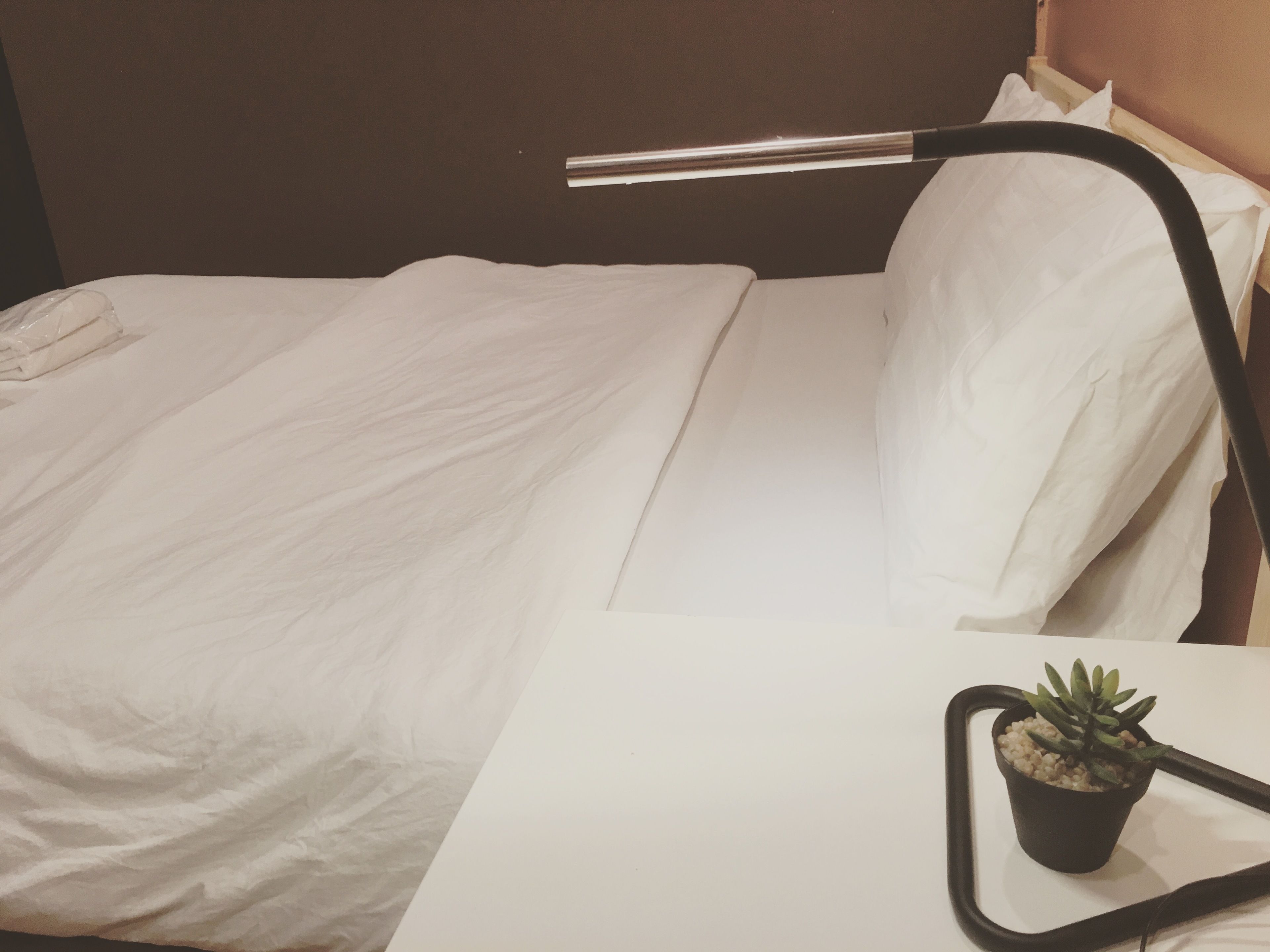 A neatly made bed with white linens, a black adjustable lamp, and a small potted plant on a bedside table.