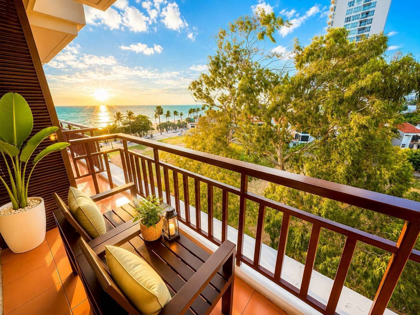 Un balcon avec une balustrade en bois, un coin salon avec des coussins, une plante en pot et une lanterne.