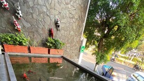 A koi pond with several fish, a stone wall, and a view of the street with cars and a tree. - Tickle Hotel (Yogyakarta)
