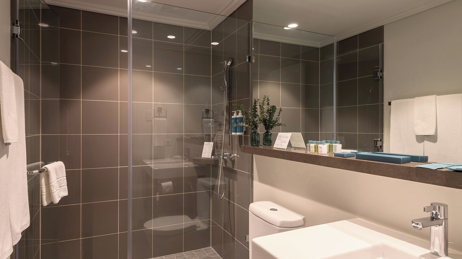 Een moderne badkamer met een douchecabine van glas, een witte wastafel en een grote spiegel.