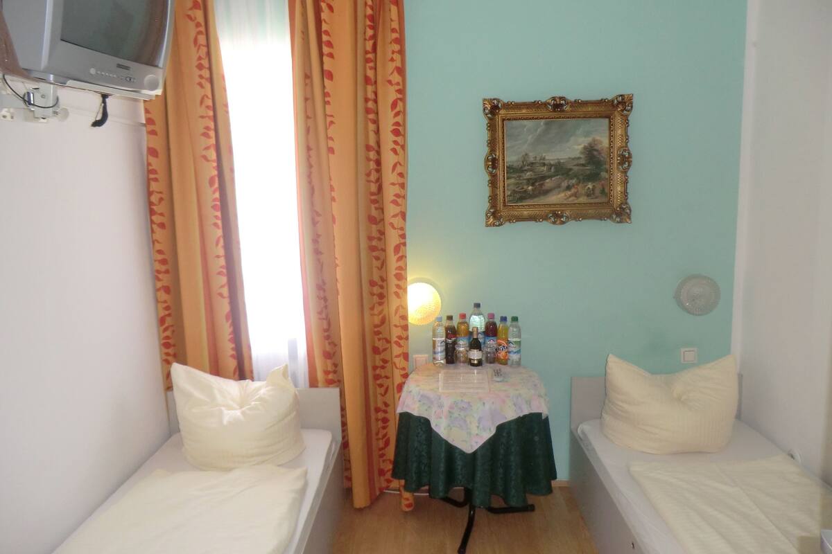 A room with two single beds, a table with bottles, a television, and a painting on the wall.