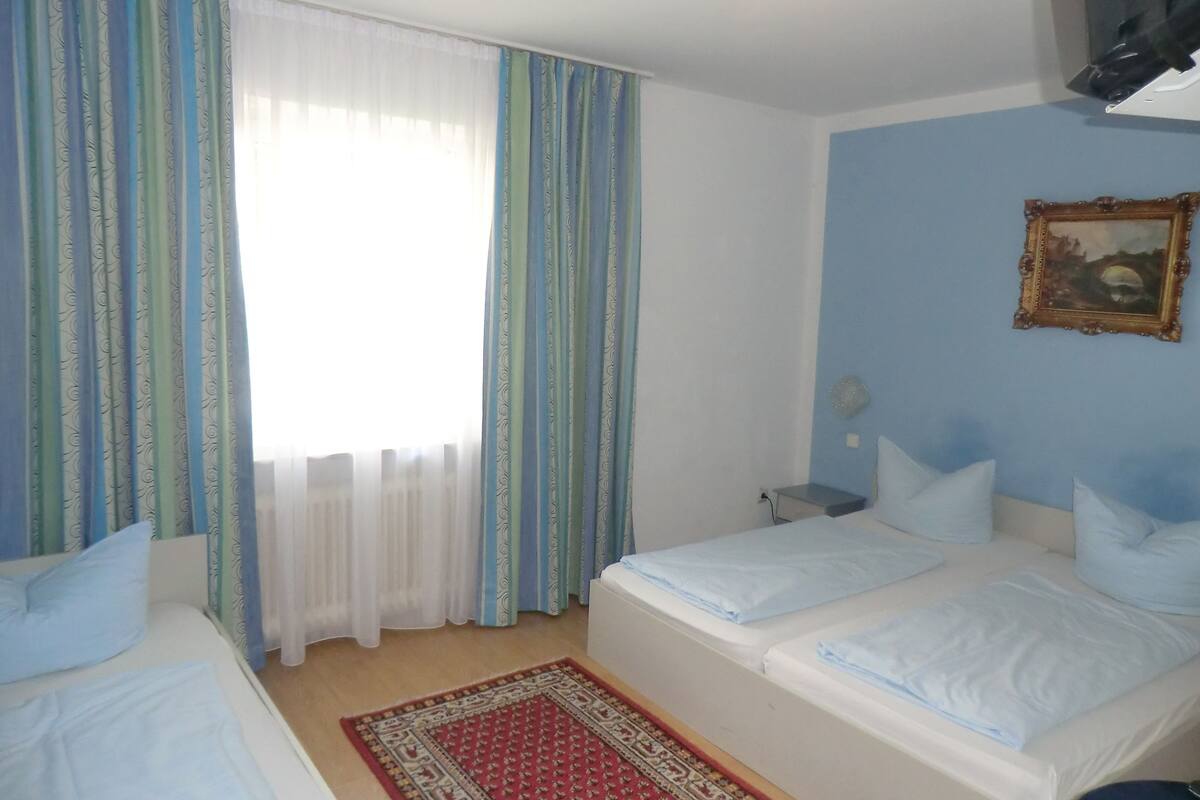 A room with two beds, a red patterned rug, a nightstand, a lamp, and a painting on the wall.