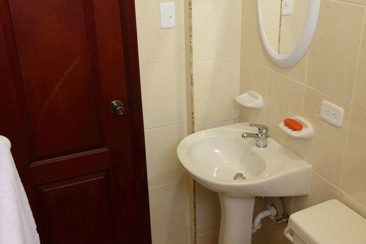 Shower, free toiletries, hair dryer, towels