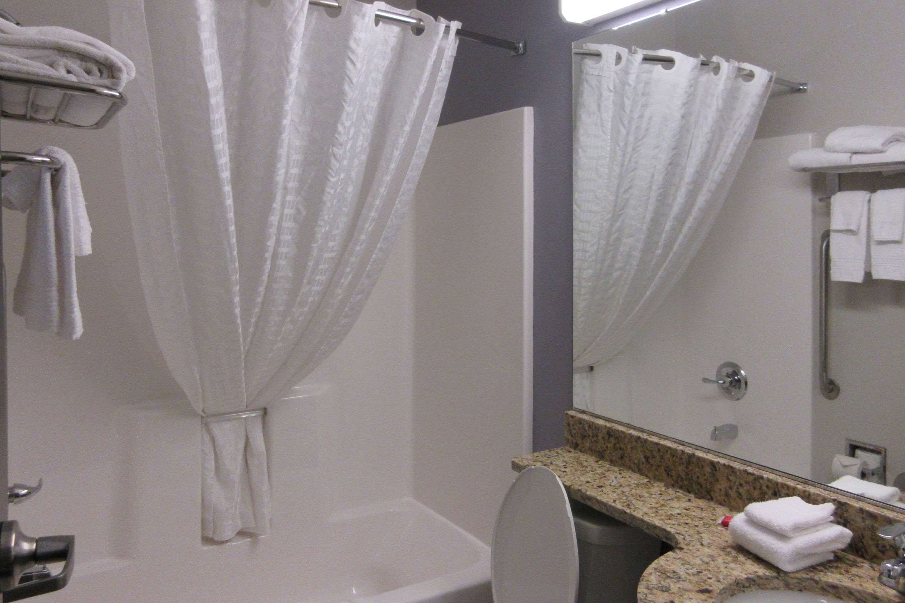 combined shower/bathtub, free toiletries, hair dryer, towels