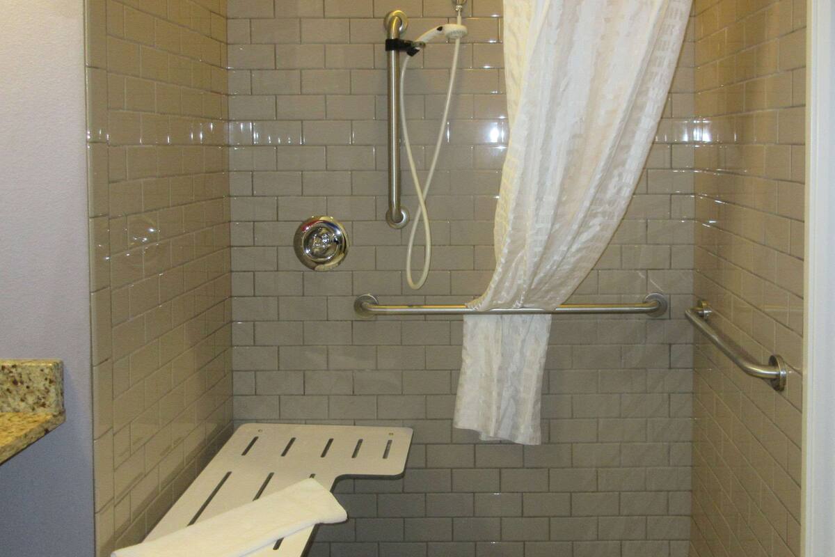 combined shower/bathtub, free toiletries, hair dryer, towels