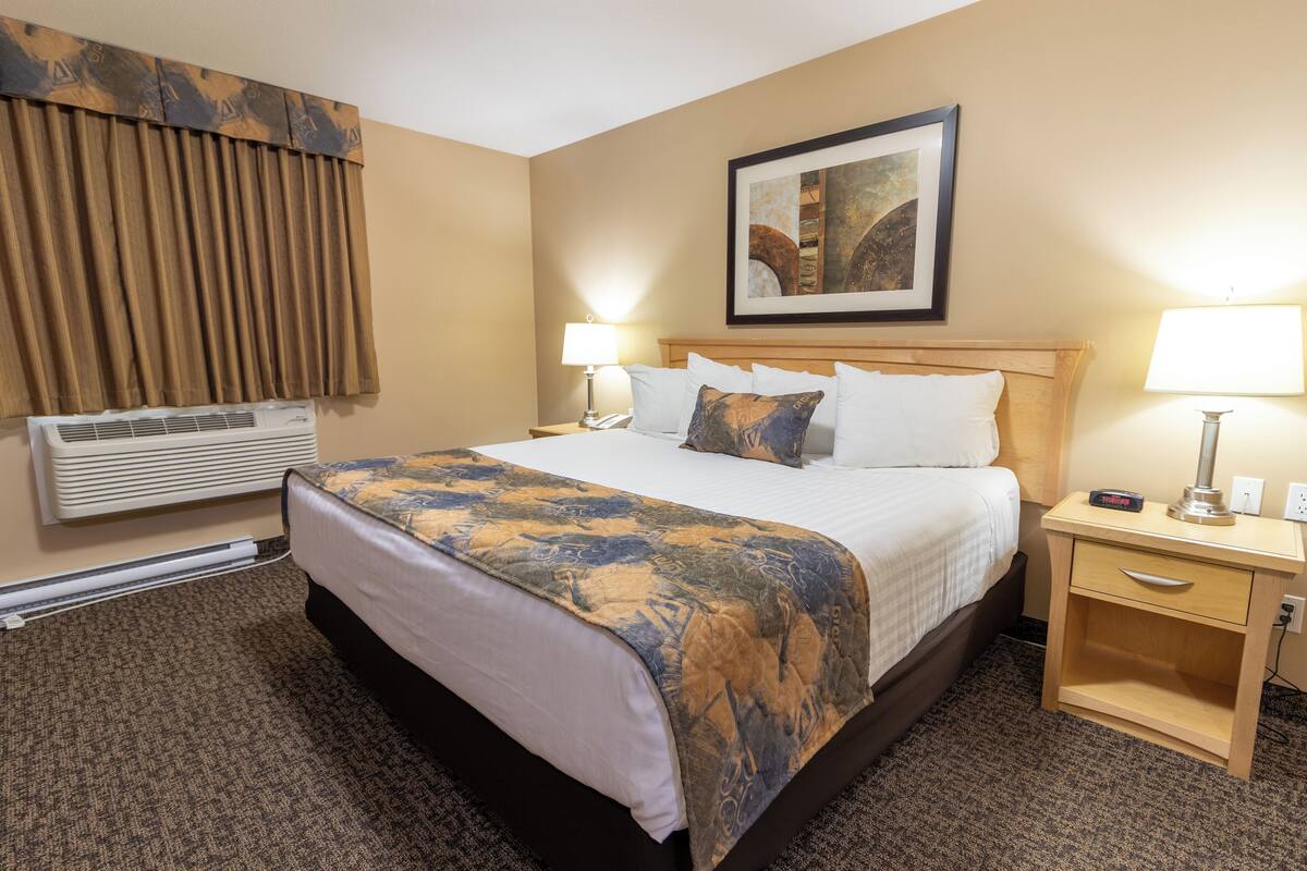 A hotel room with a large bed, a nightstand with a lamp, an air conditioning unit, and a framed artwork on the wall.