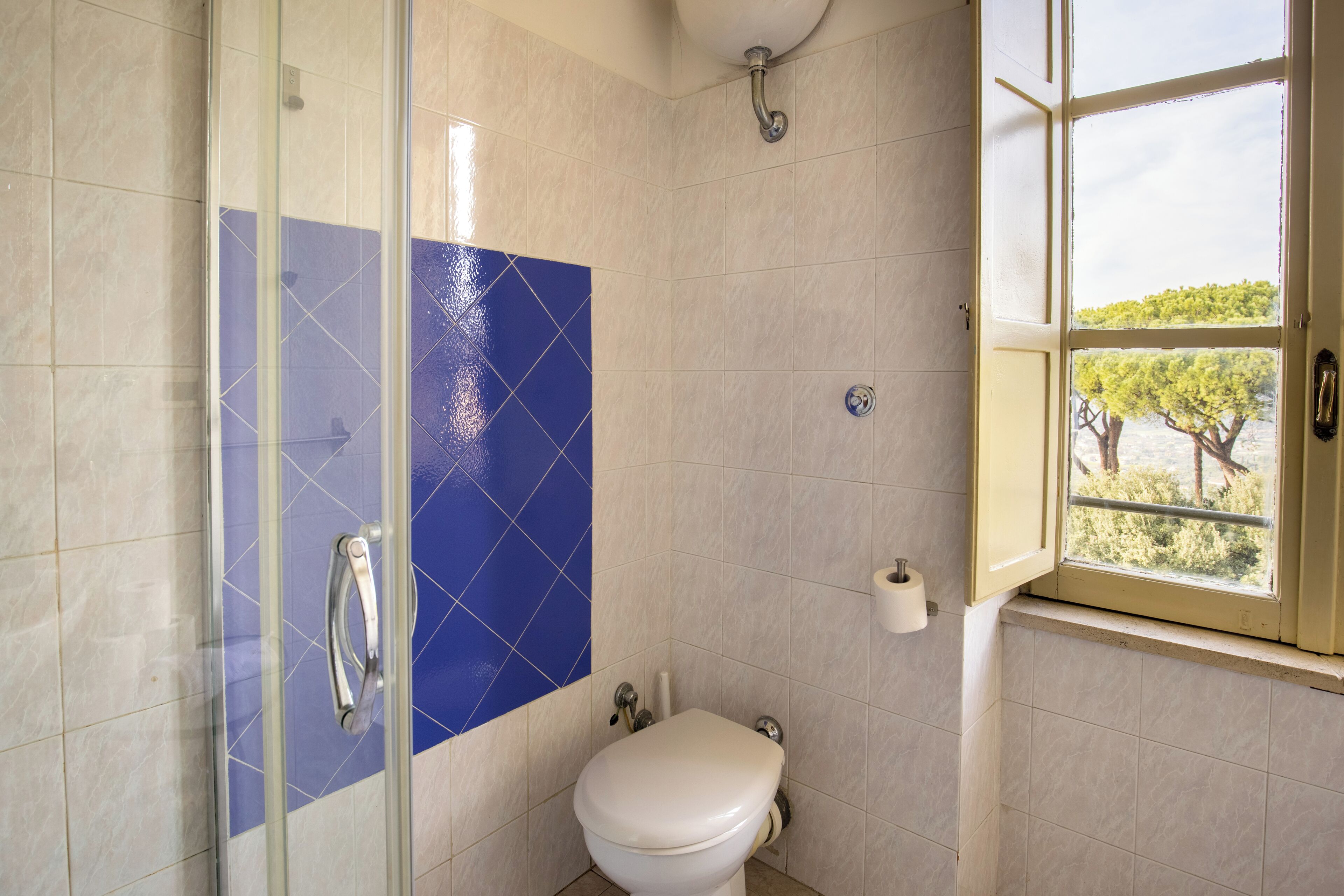A bathroom with a glass shower enclosure, a toilet, and a window with a view of trees.