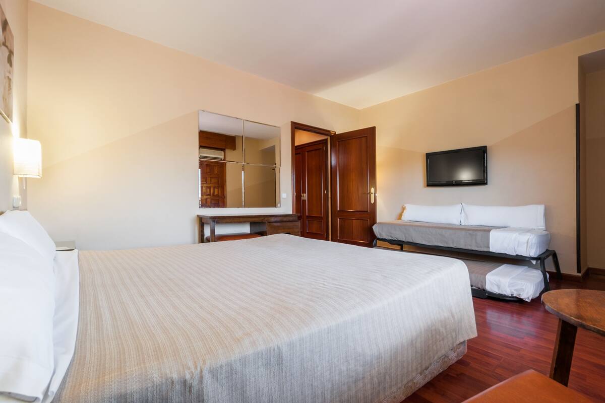 Habitación de hotel con una cama grande, un escritorio, una silla, un televisor y un armario.