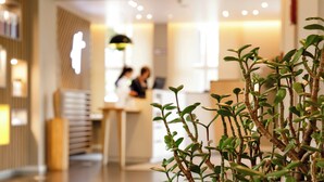 A modern hotel lobby with a reception desk, a plant in the foreground, and a blurred background of a bar area. - Holiday Inn Dresden - Am Zwinger by IHG (Dresden)