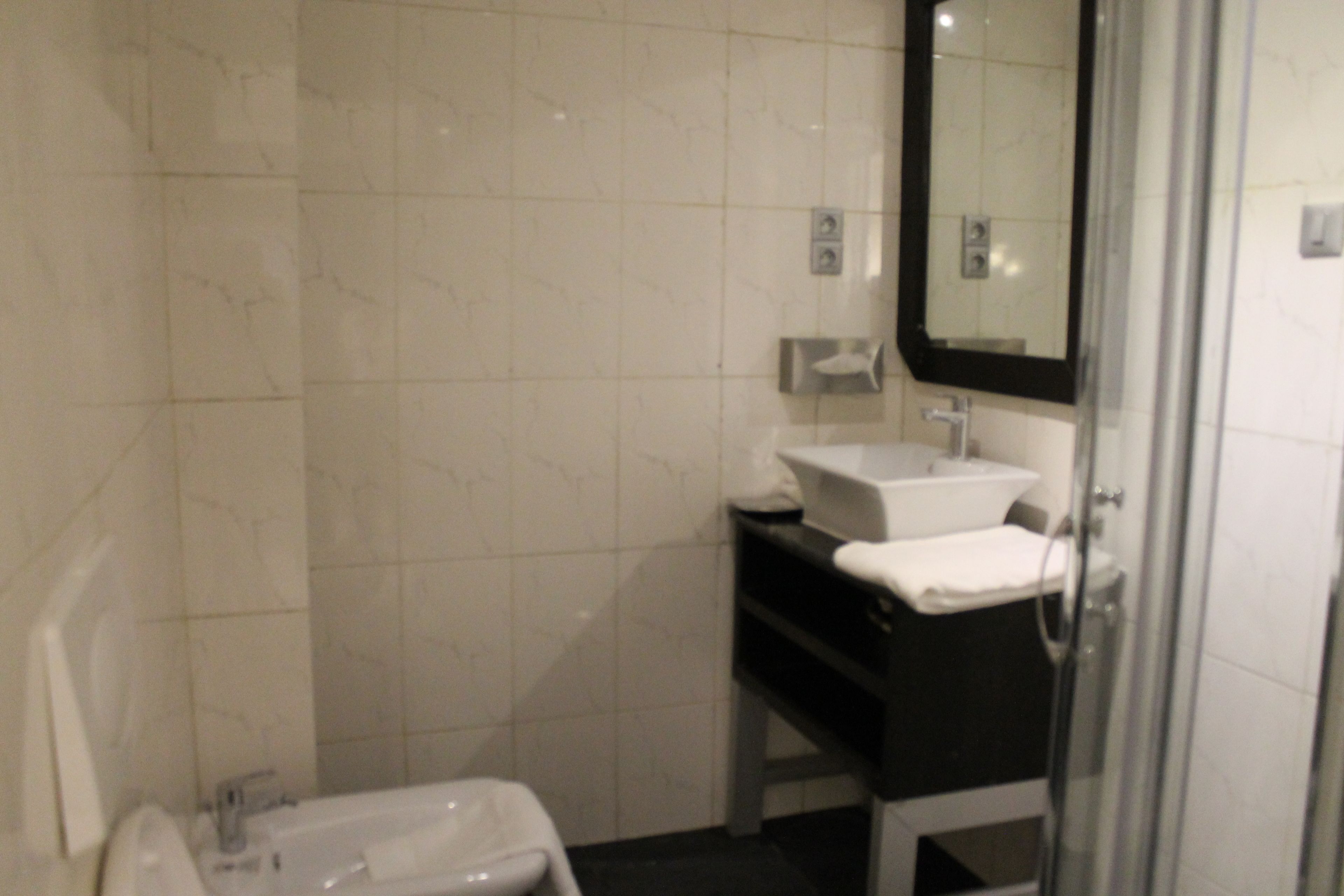 Un baño con un lavamanos blanco, un espejo y una zona de ducha.