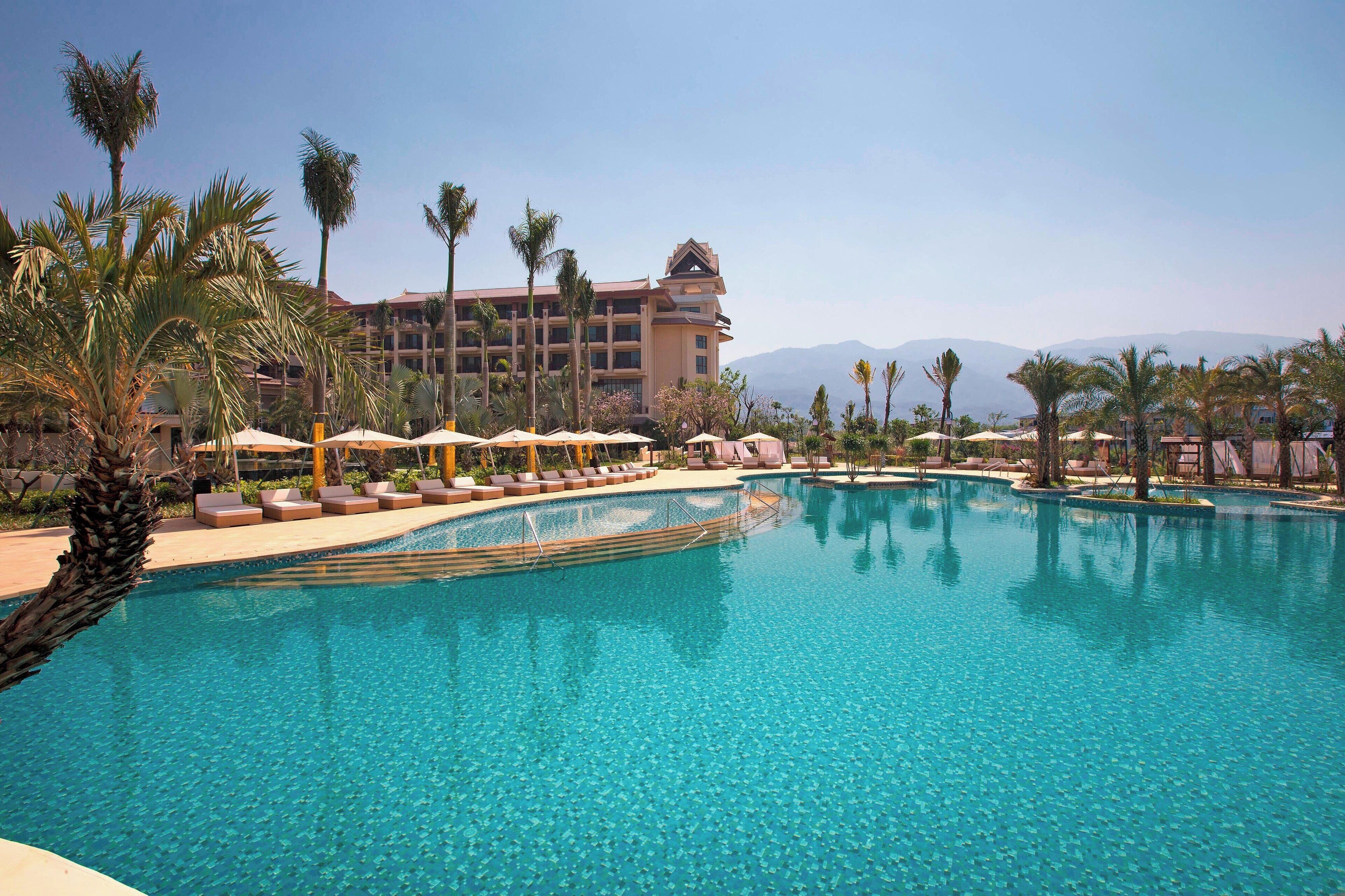 A large swimming pool with clear blue water, surrounded by palm trees and lounge chairs.