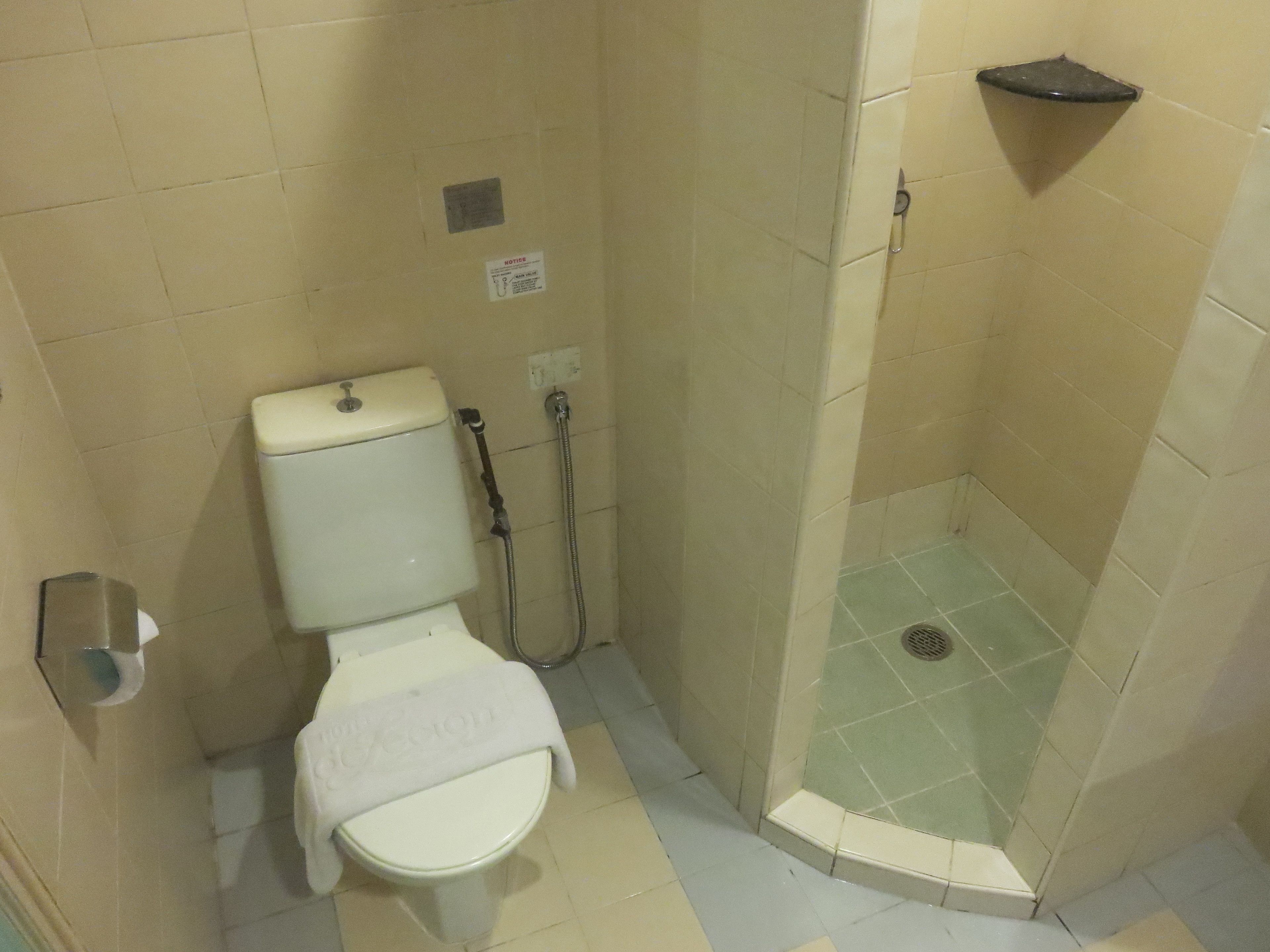 shower, hair dryer, slippers, towels