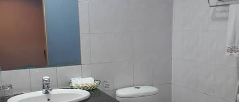 A small bathroom with a sink, mirror, toilet, and a towel rack.