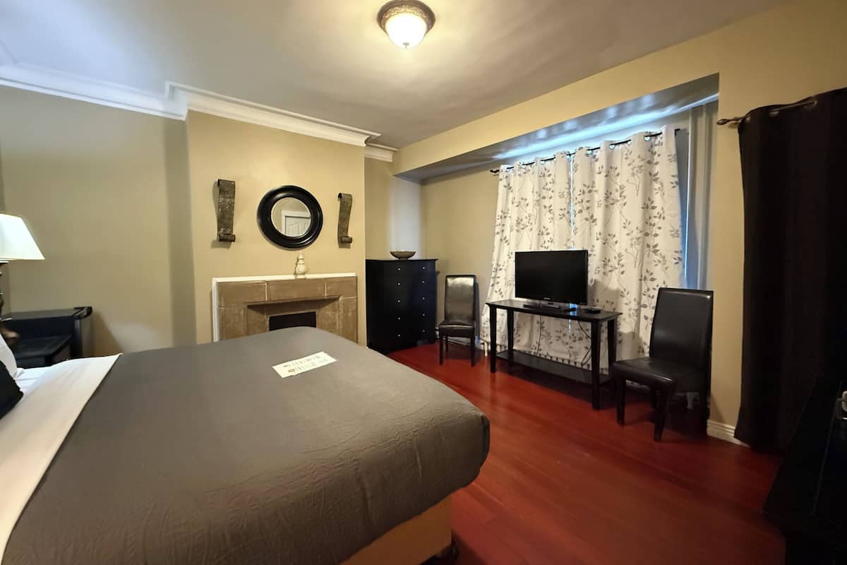 Habitación, 1 cama King size, baño en la habitación | Escritorio, tabla de planchar con plancha y wifi gratis