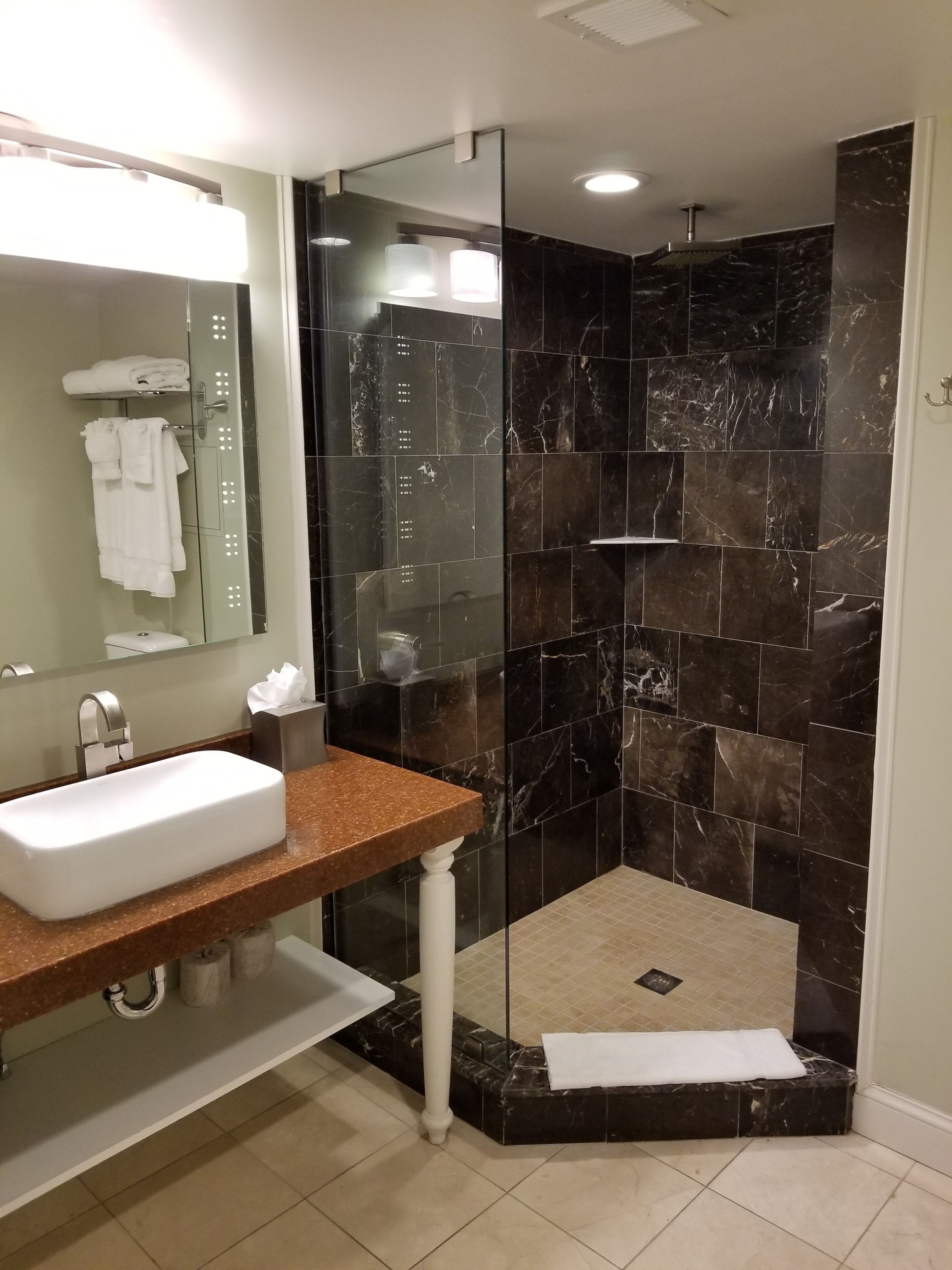 shower, rainfall showerhead, designer toiletries, hair dryer