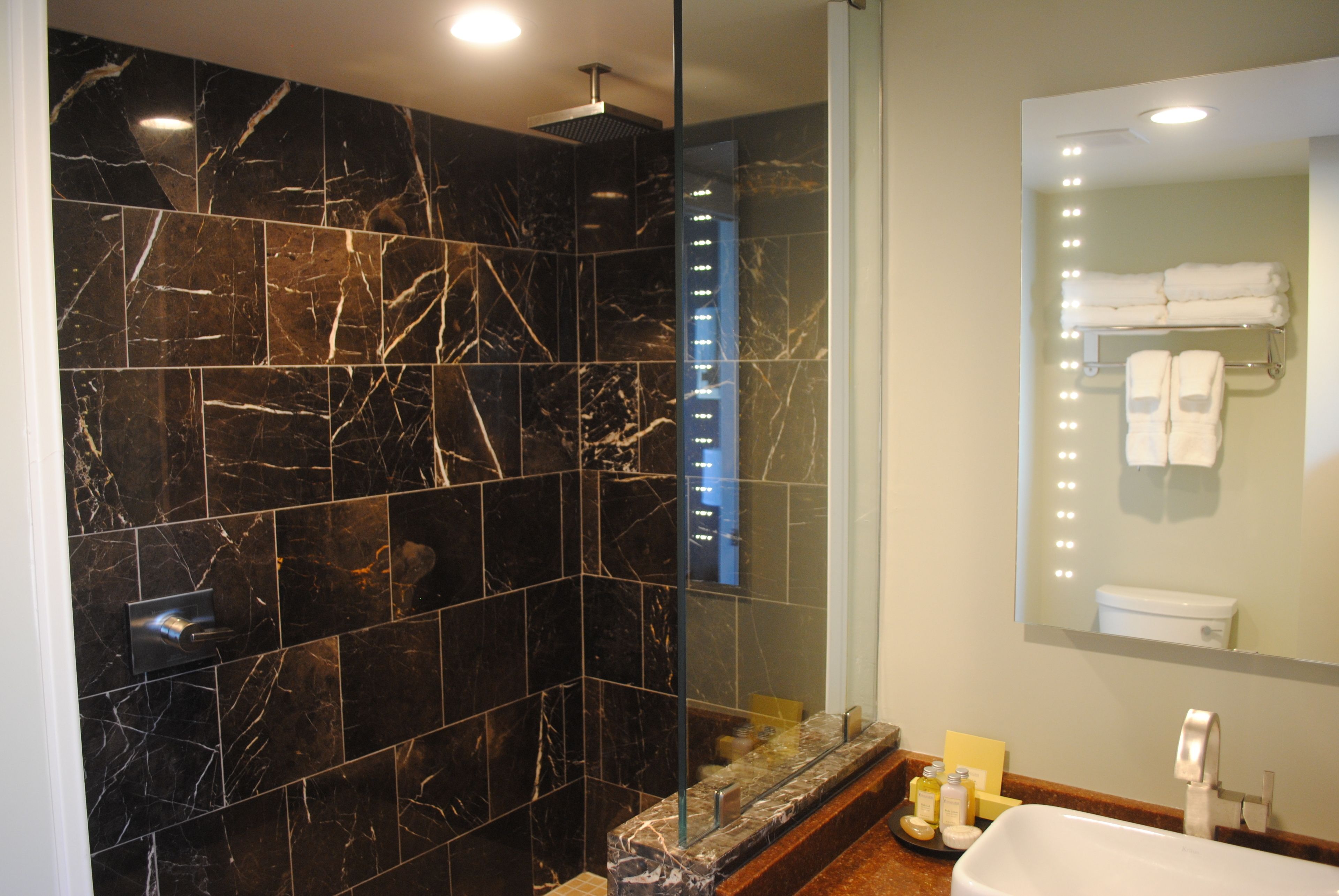 shower, rainfall showerhead, designer toiletries, hair dryer