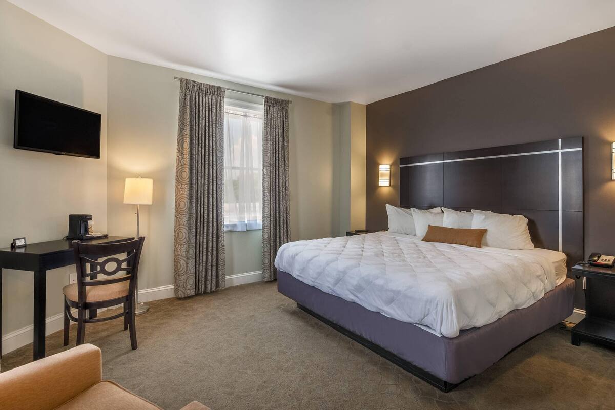 A hotel room with a large bed, a desk with a chair, a TV mounted on the wall, and a window with patterned curtains.