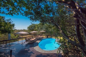 Piscine extérieure, chaises longues
