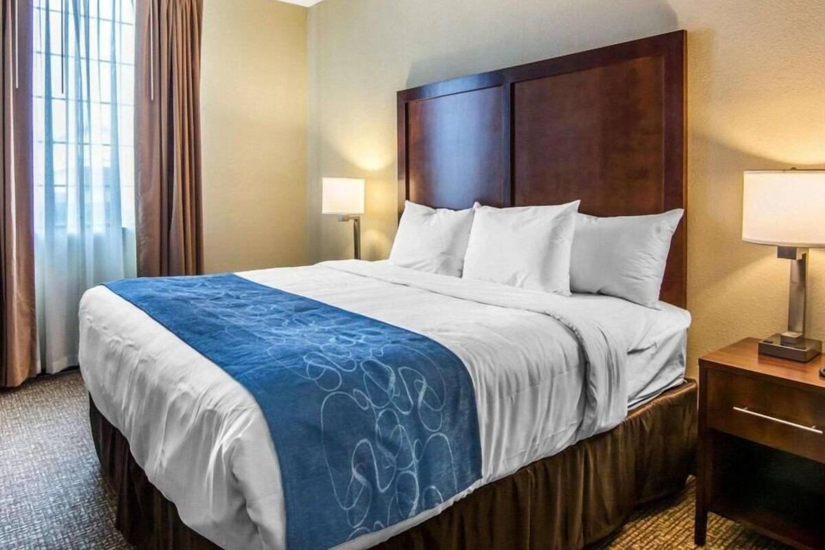 Una habitación de hotel con una cama grande, dos lámparas de noche, un cabecero de madera y una ventana con cortinas.