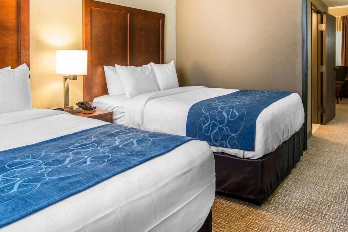 Una habitación de hotel con dos camas, una mesita de noche con lámpara y cabecero de madera.