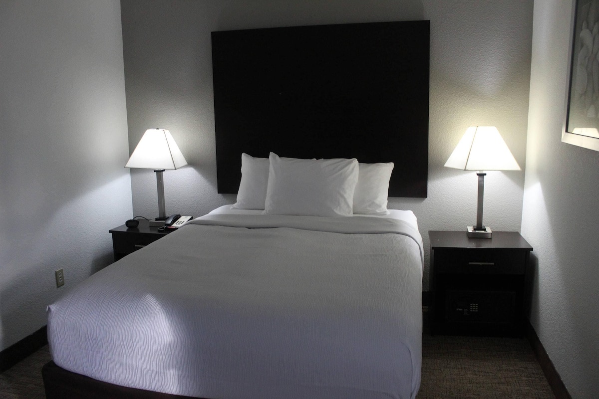 A hotel room with a large bed, two bedside tables with lamps, a black headboard, and a framed picture on the wall.