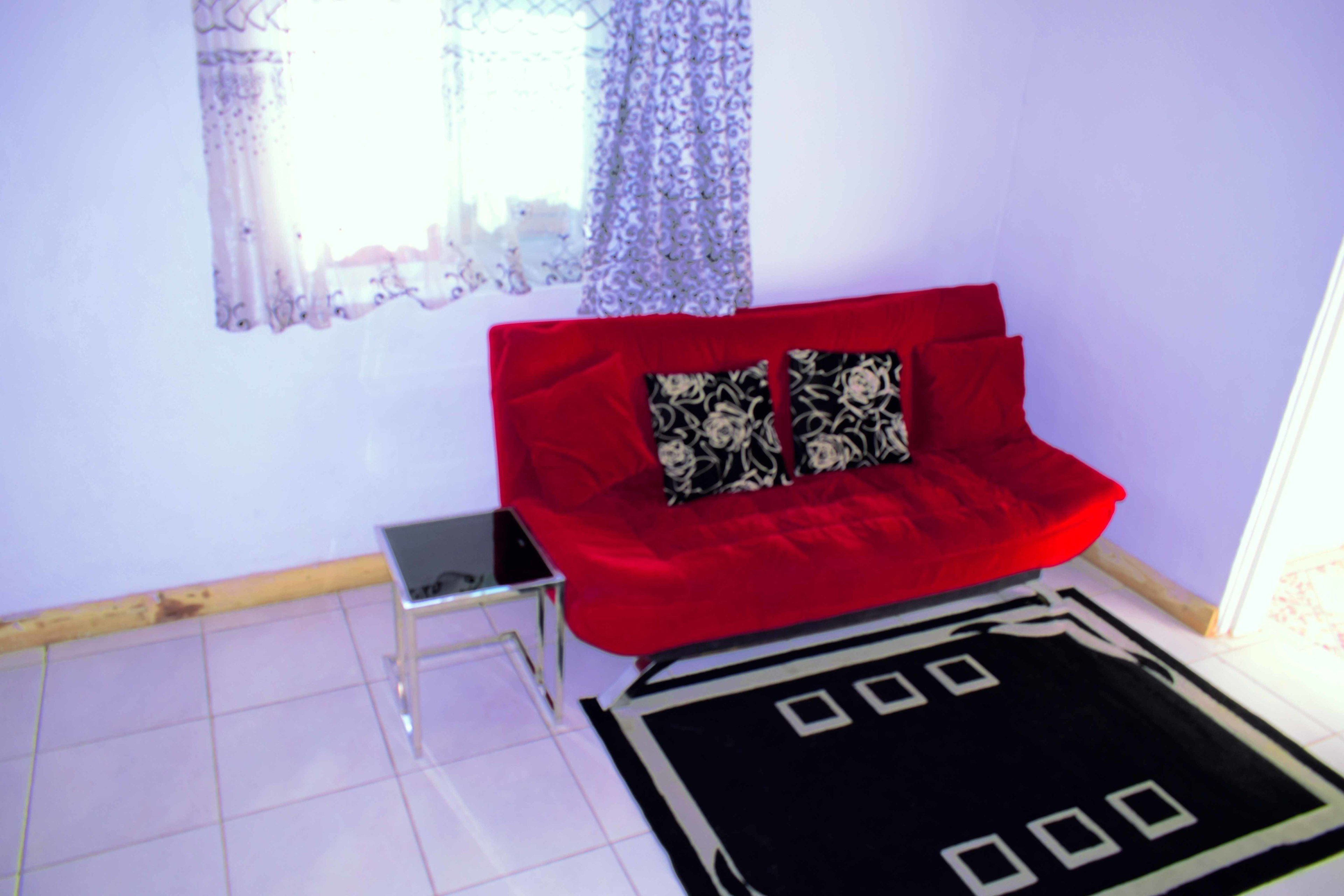 A room with a red sofa, two patterned pillows, a small side table, and a black and white patterned rug.