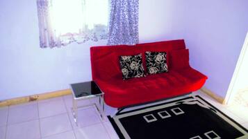 A room with a red sofa, two patterned pillows, a small side table, and a black and white patterned rug.