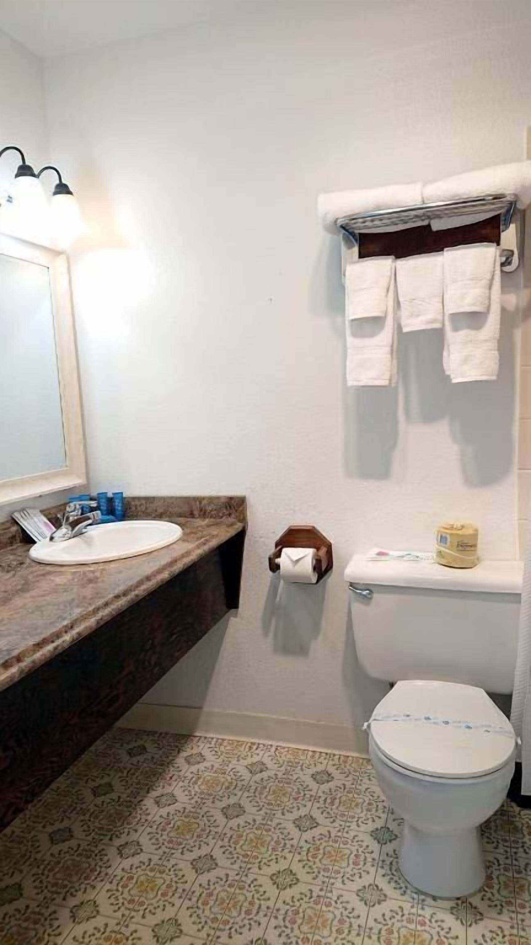 A bathroom with a sink, toilet, and a towel rack.