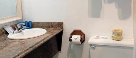 A bathroom with a sink, toilet, and a towel rack.