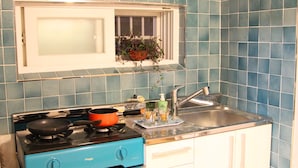 Une cuisine avec un poêle bleu, une fenêtre avec une plante et un évier.