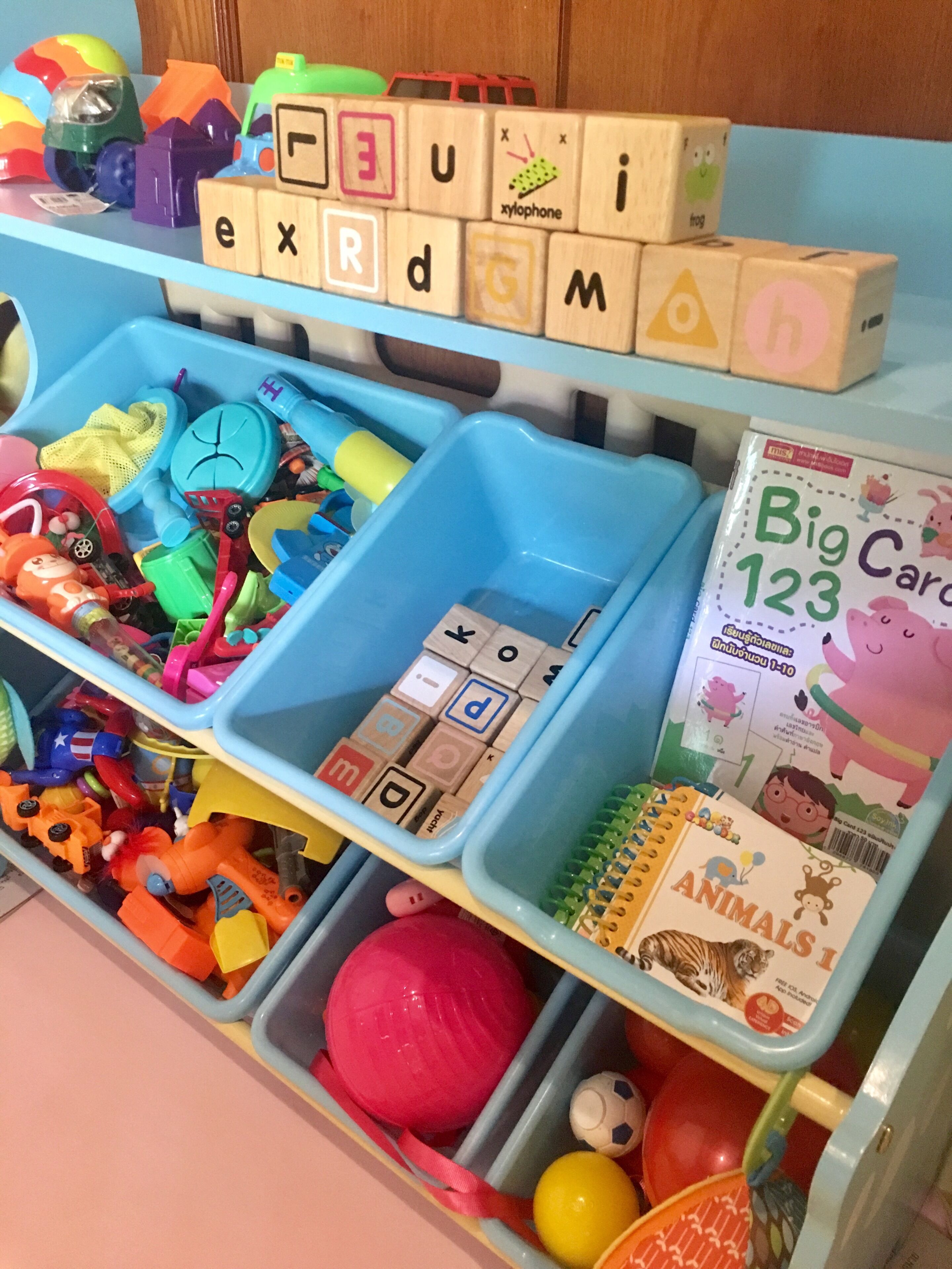 A children's play area with toys, alphabet blocks, and educational materials.