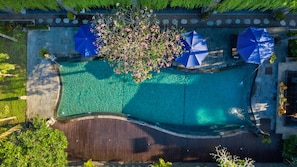 Una piscina al aire libre, sombrillas, sillones reclinables de piscina