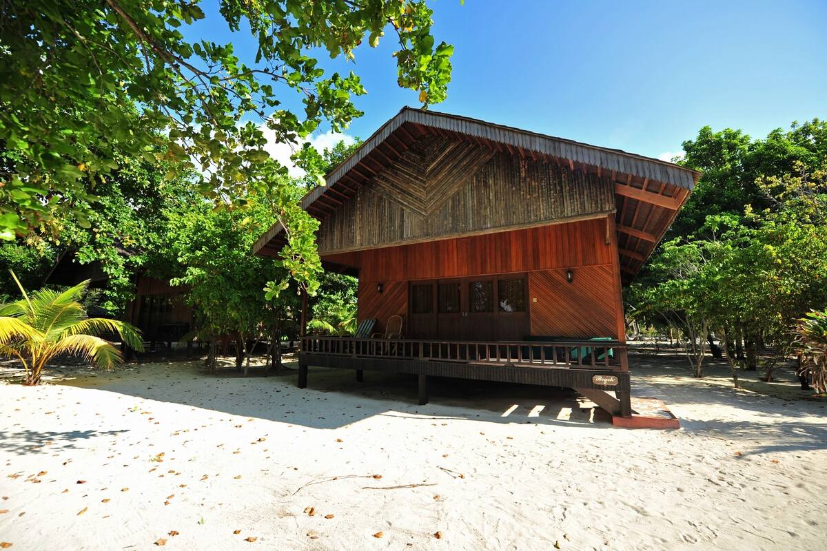 A wooden building with a sloped roof, surrounded by trees and sand.