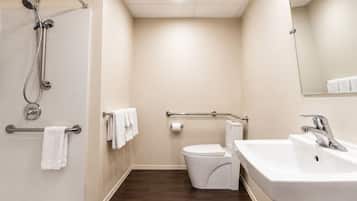 Een badkamer met douche, toilet en wastafel, uitgerust met handgrepen en een handdoekhouder.