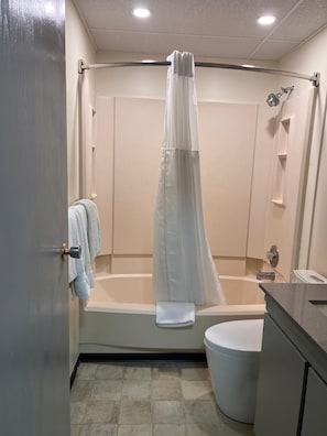 Ensemble douche/baignoire, sèche-cheveux, serviettes fournies
